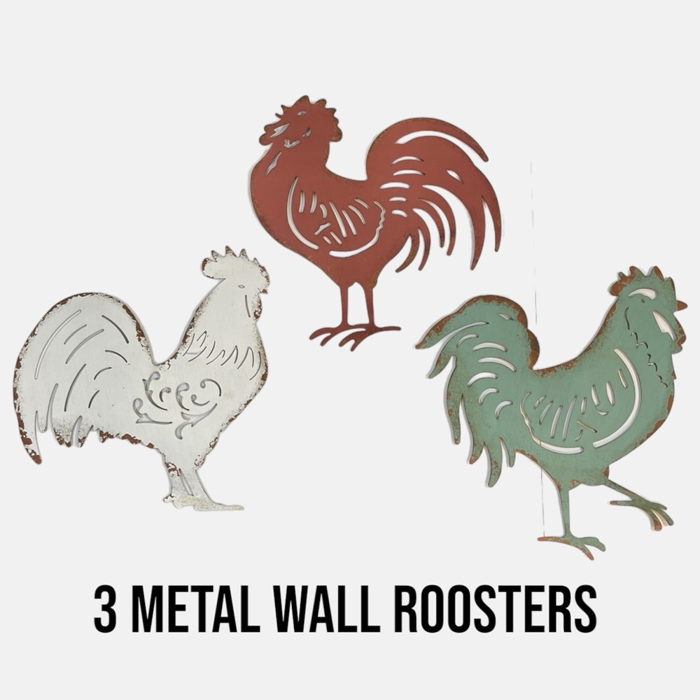 Metal Wall Roosters Farmhouse Decor Bundle of 3 Rustic Chippy Design